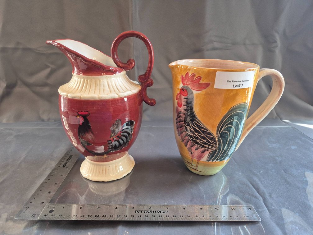 Two Ceramic Rooster-Themed Pitchers