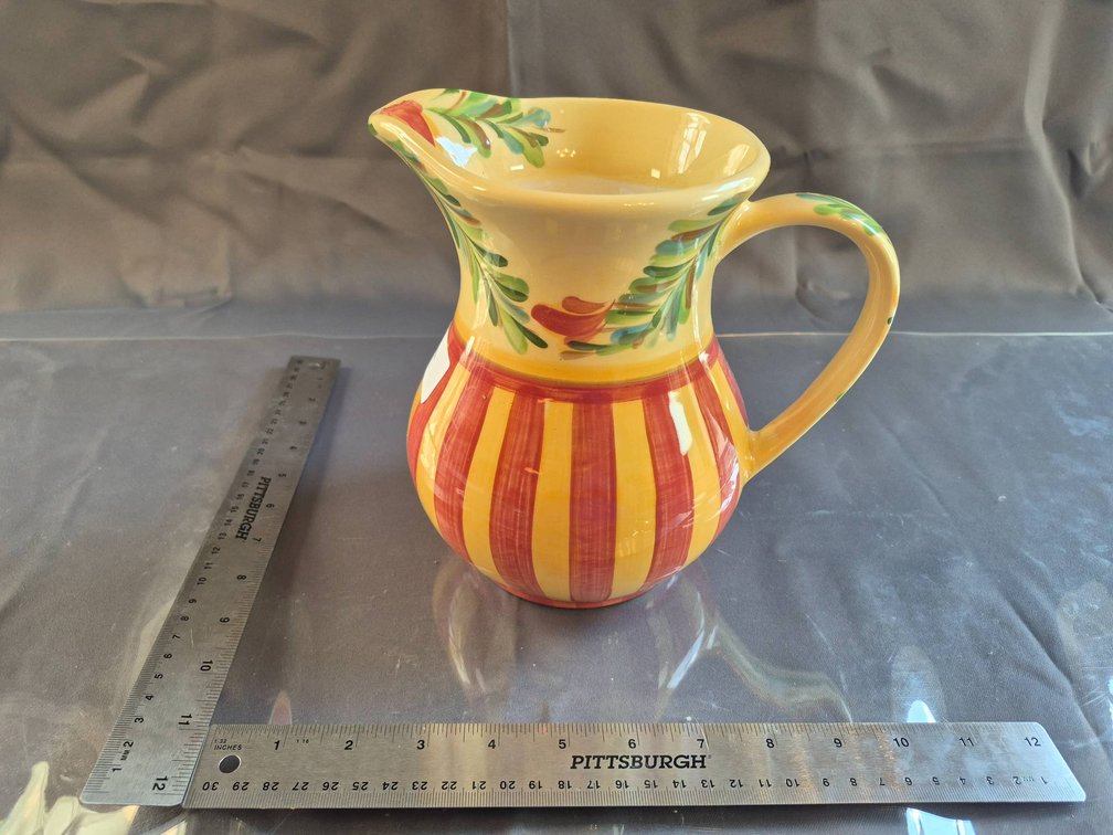 Hand-Painted Ceramic Pitcher by Bac Bacchus with Striped and Floral Design