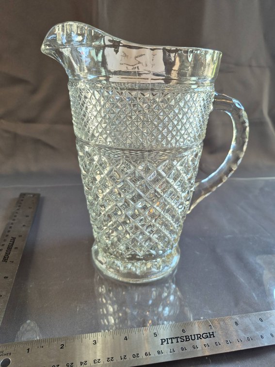 Pressed Glass Water Pitcher with Diamond and Starburst Pattern