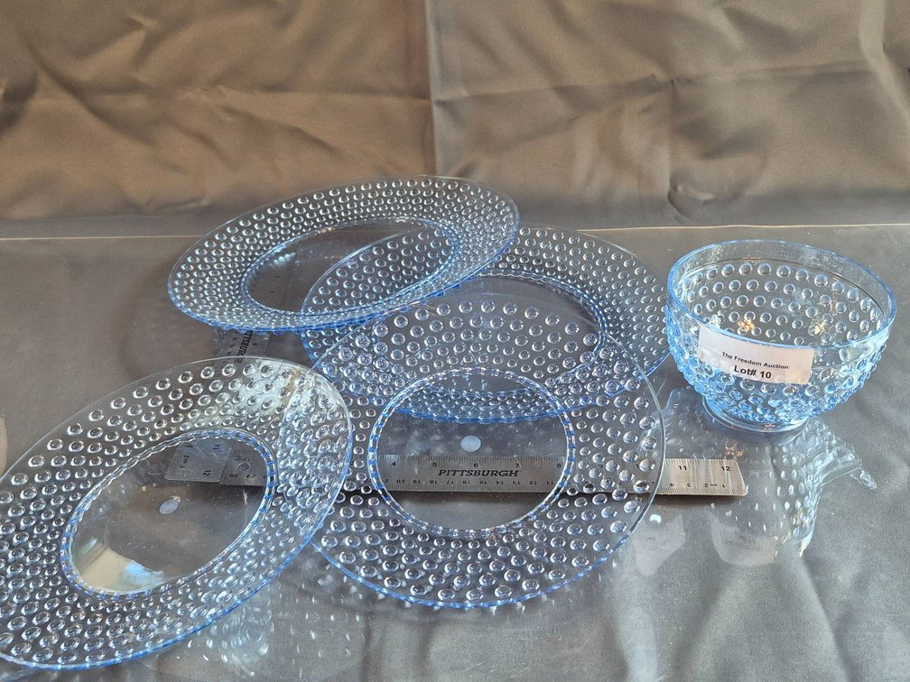 Plastic Blue Hobnail Textured Serving Dishes and Bowl