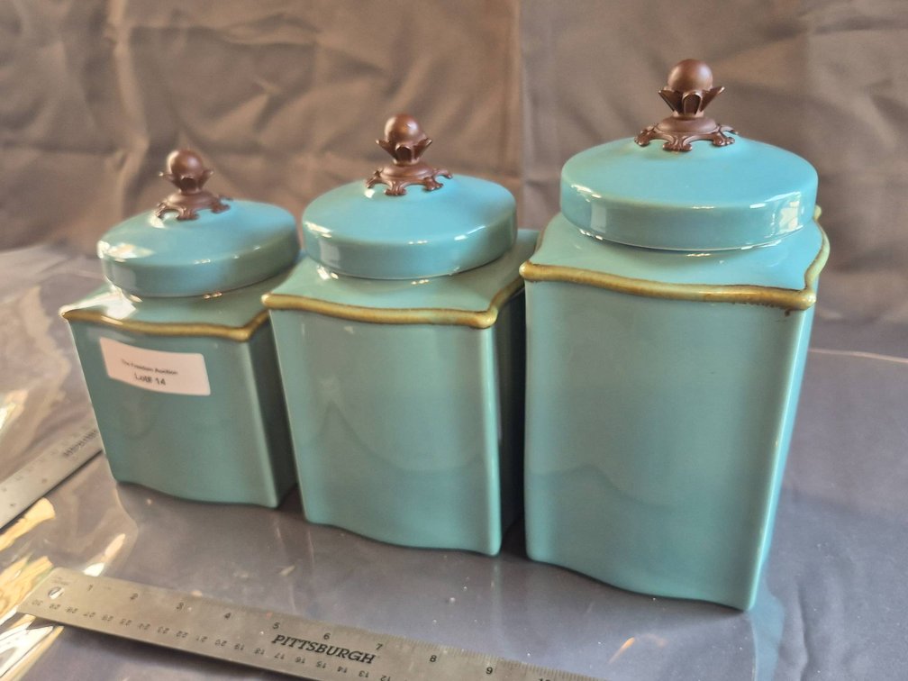 Southern Living at Home Blue Ceramic Canisters with Lids, Set of 3