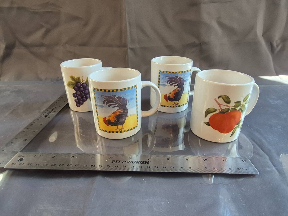 Four Houston Harvest Ceramic Mugs with Fruit and Rooster Motifs