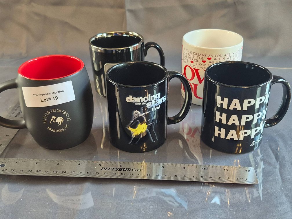 Five Themed Coffee Mugs Featuring Logo and Text Designs