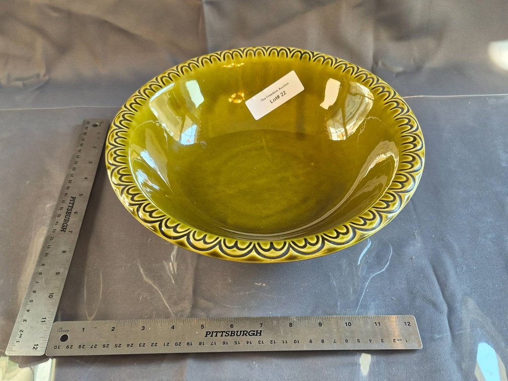McCoy Pottery Green Glazed Ceramic Bowl with Patterned Rim