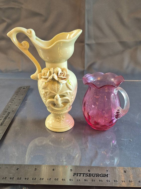 Ceramic Ewer with Floral Accents and Pink Glass Pitcher