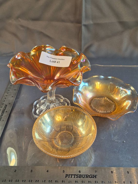Amber Carnival Glass Compote and Bowls