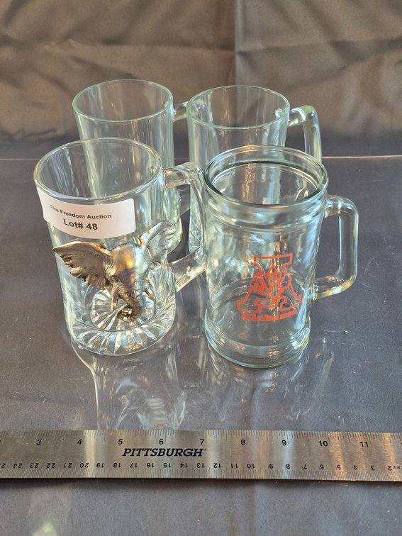 Four Glass Beer Mugs, Including Decorative Elephant and Alabama Mug