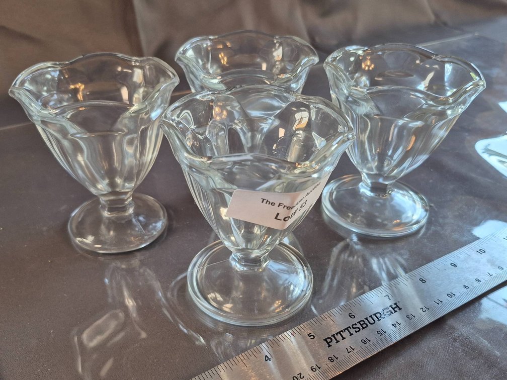 Four Clear Glass Pedestal Dessert Cups with Scalloped Rims