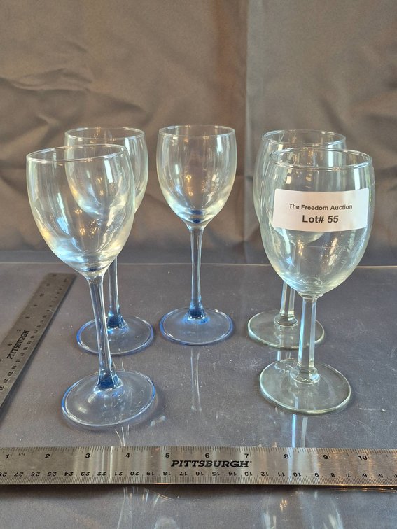 Six Clear Glass Wine Goblets with Subtle Blue-Tint Stems