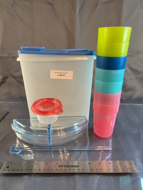 Kitchen Storage and Dining Items Including Plastic Cups and Containers