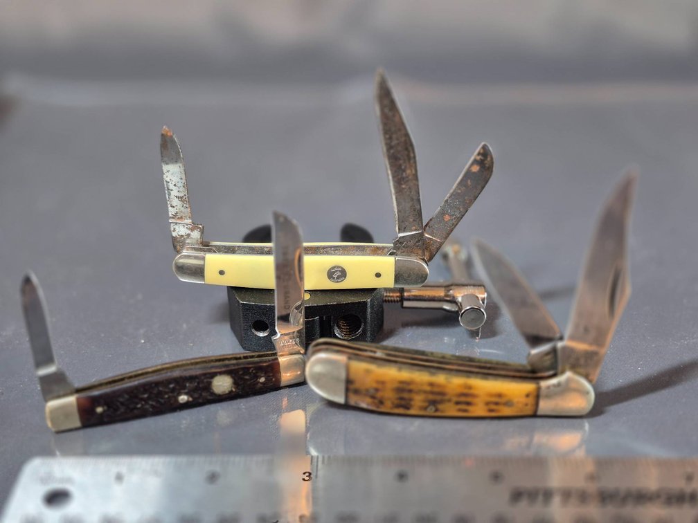 Three Multi-Blade Folding Pocket Knives with Various Handle Materials