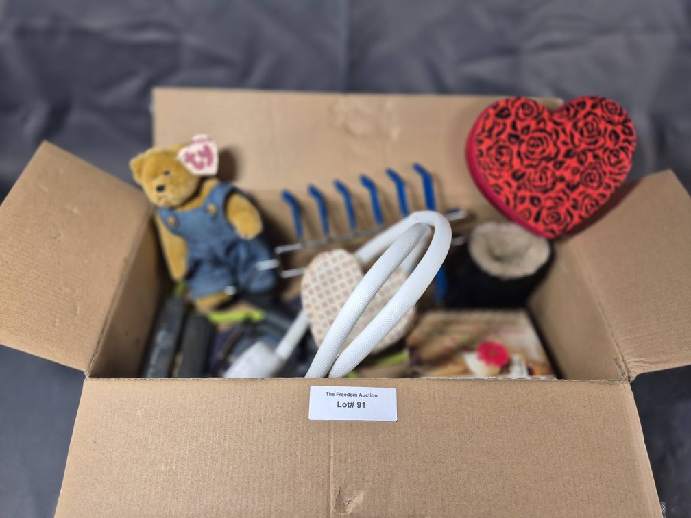 Miscellaneous Items Including Ty Beanie Bear, Books, and Heart Decorations