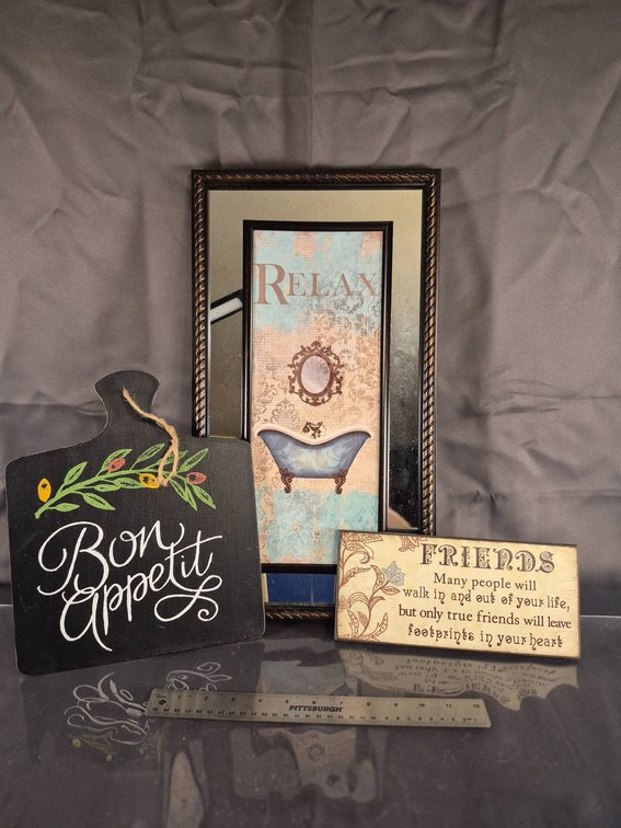 Decorative Lot with Framed Art, Wooden Plaques, and Sign