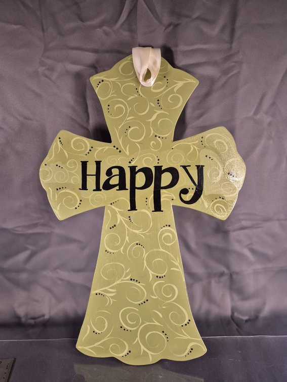 Decorative Wooden Cross with 'Happy' Text
