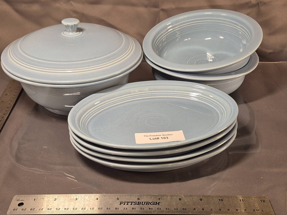 Light Blue Fiesta Dinnerware, Includes Plates, Bowls, and Covered Dish