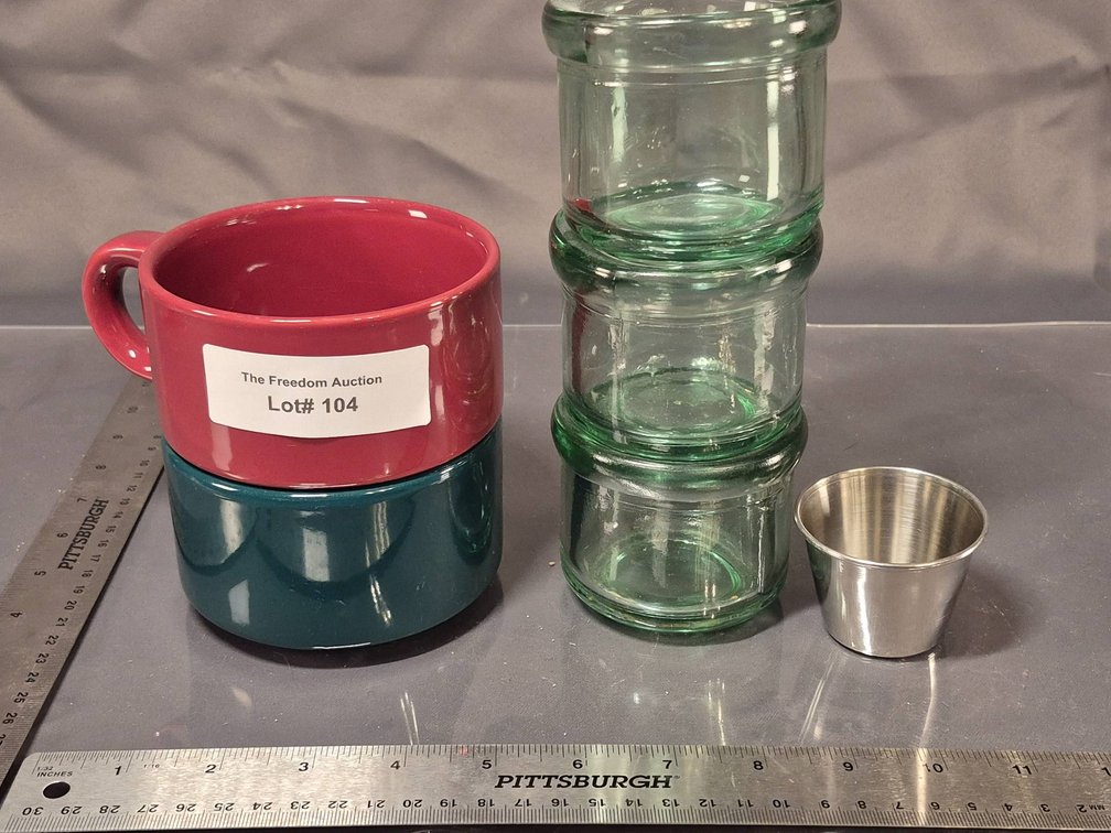 Ceramic Mugs, Green Glass Jars, and Metal Cup
