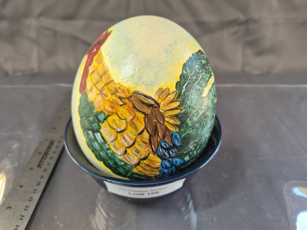 Hand-Painted Ostrich Egg Depicting a Rooster and Foliage