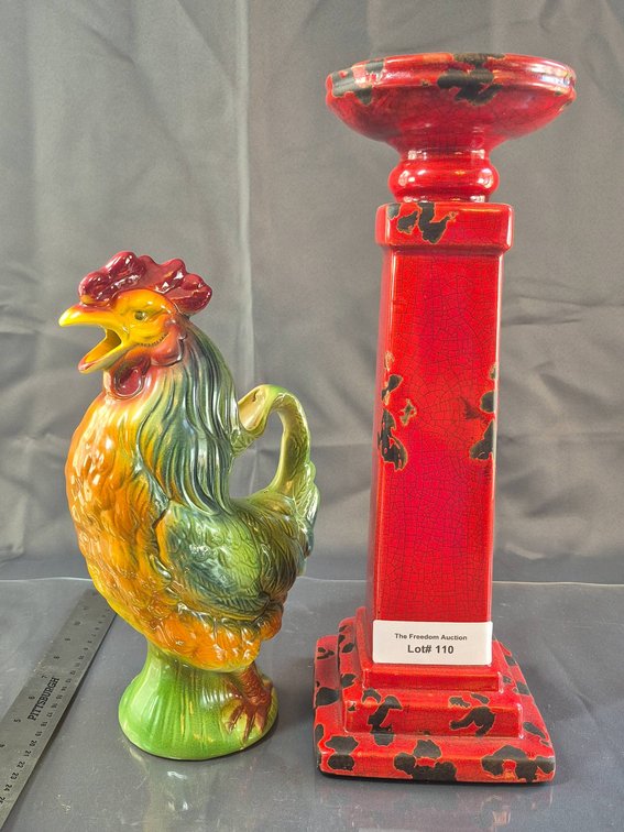 Colorful Ceramic Rooster Pitcher and Red Decorative Pillar Set