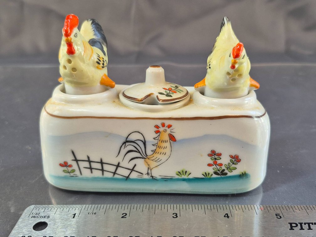 Japanese Ceramic Rooster Salt and Pepper Shakers with Condiment Dish