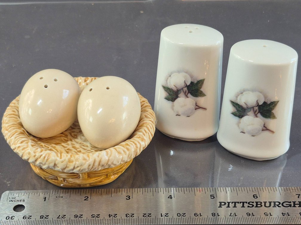 Sakura Egg and Basket Salt & Pepper Shakers and Cotton Design Shakers