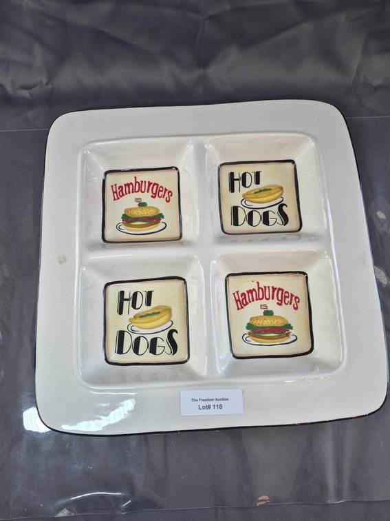 Young's Heartfelt Kitchen Creations Divided Plate with Hot Dog and Hamburger Motif