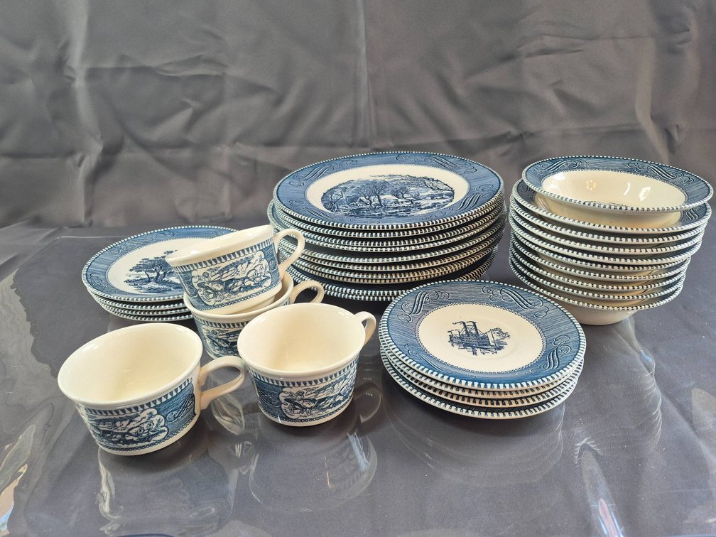 Currier and Ives Blue Transferware Dish Set, Made in USA