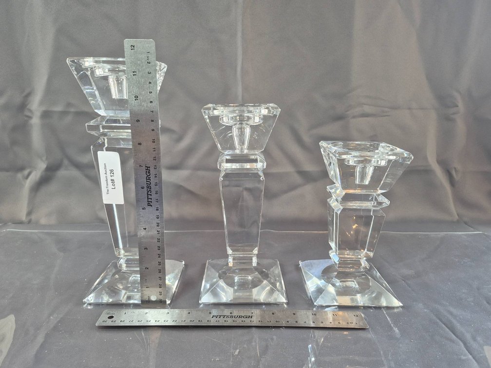Three Heavy Crystal Candlesticks with Geometric Design