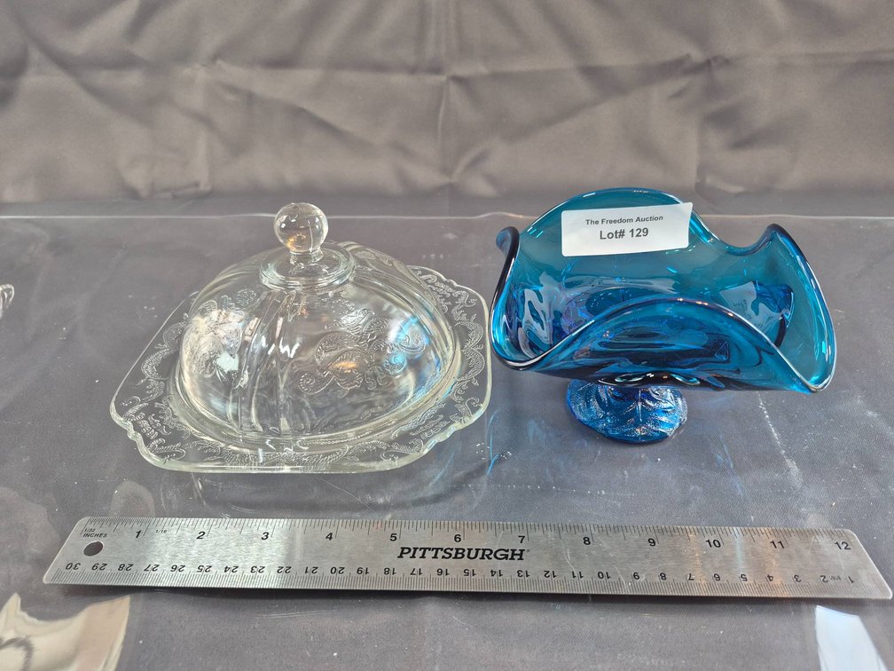 Clear Floral-Embossed Covered Dish and Blue Art Glass Pedestal Bowl