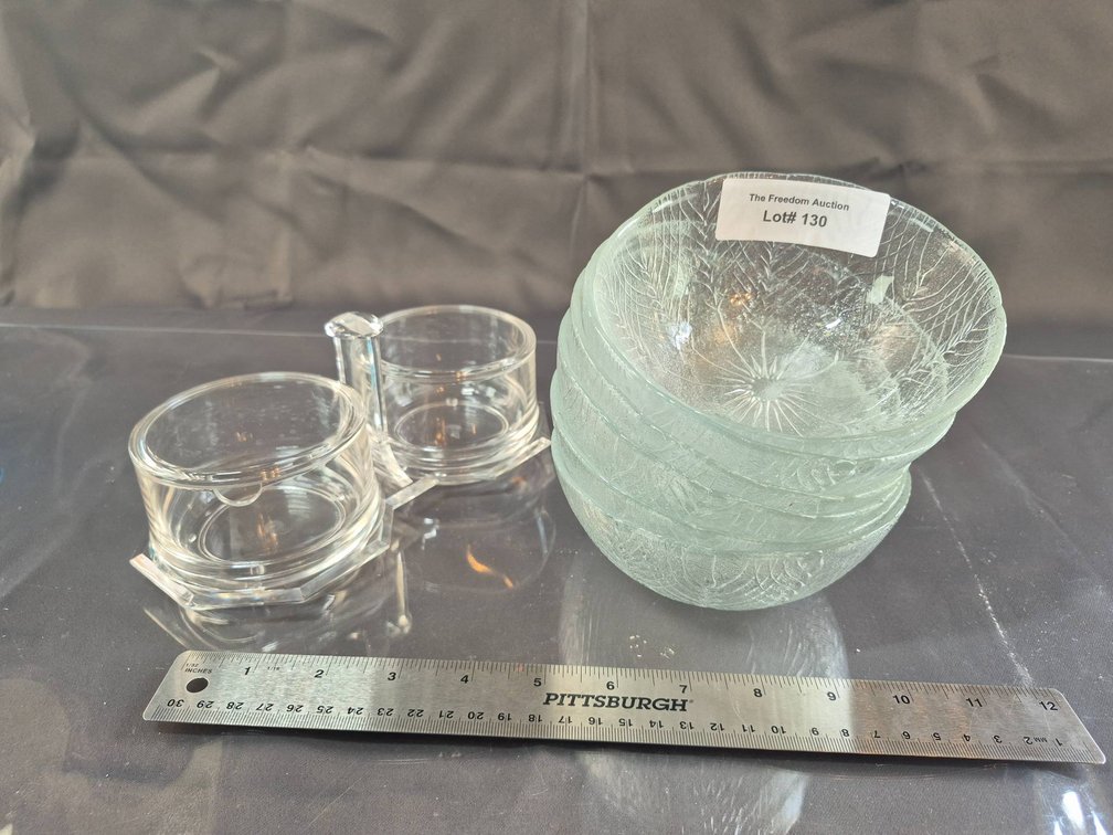 Textured Glass Salad Bowls and Clear Glass Creamer and Sugar Bowl