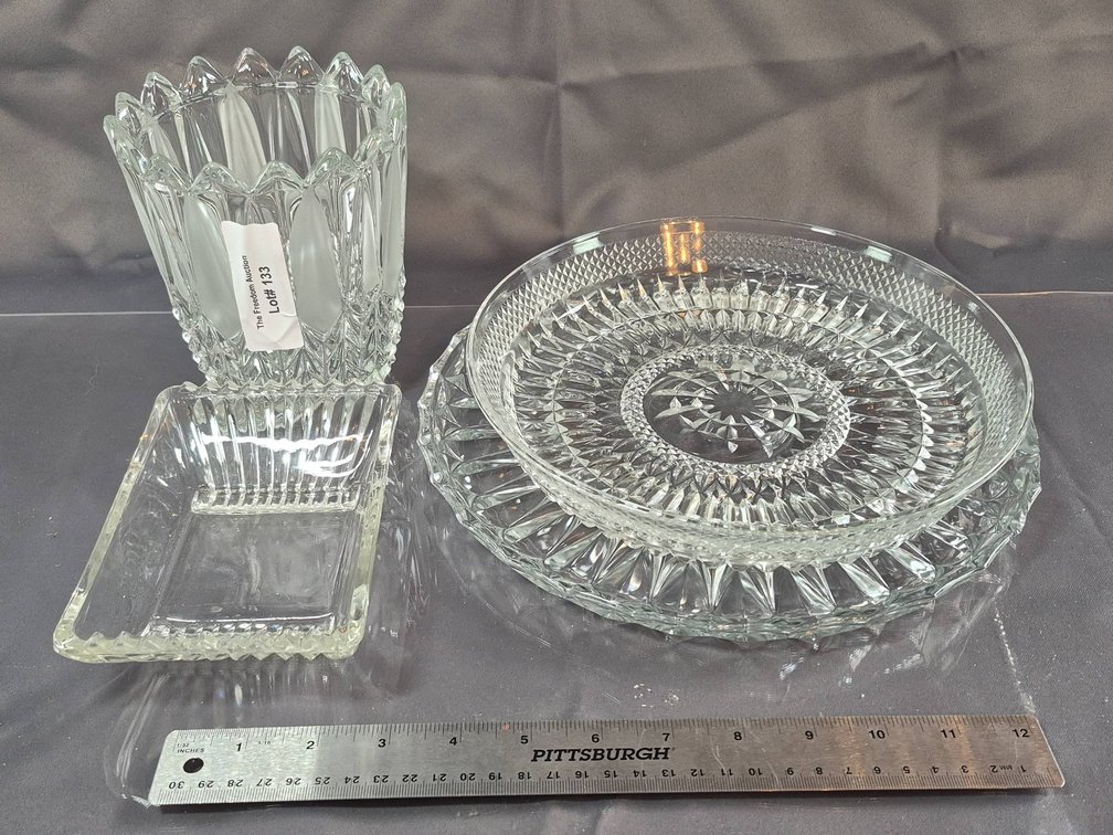 Clear Pressed Glass Items Including Vase, Plate, and Dish