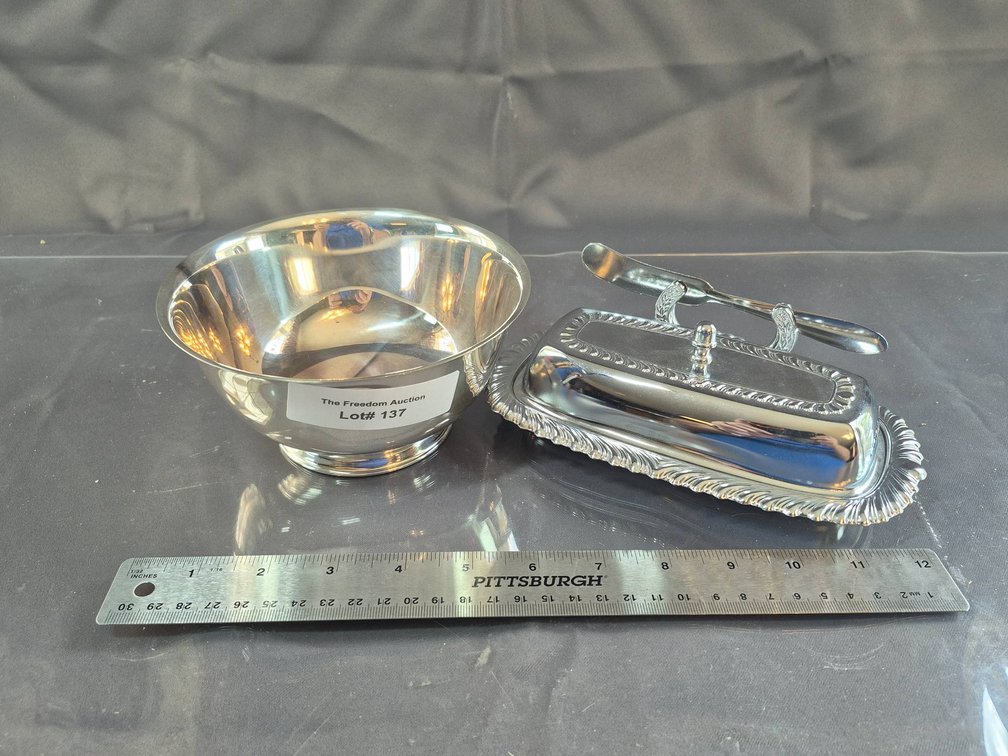 Oneida Silverplate Set: Sons of Liberty Bowl and Butter Dish with Knife
