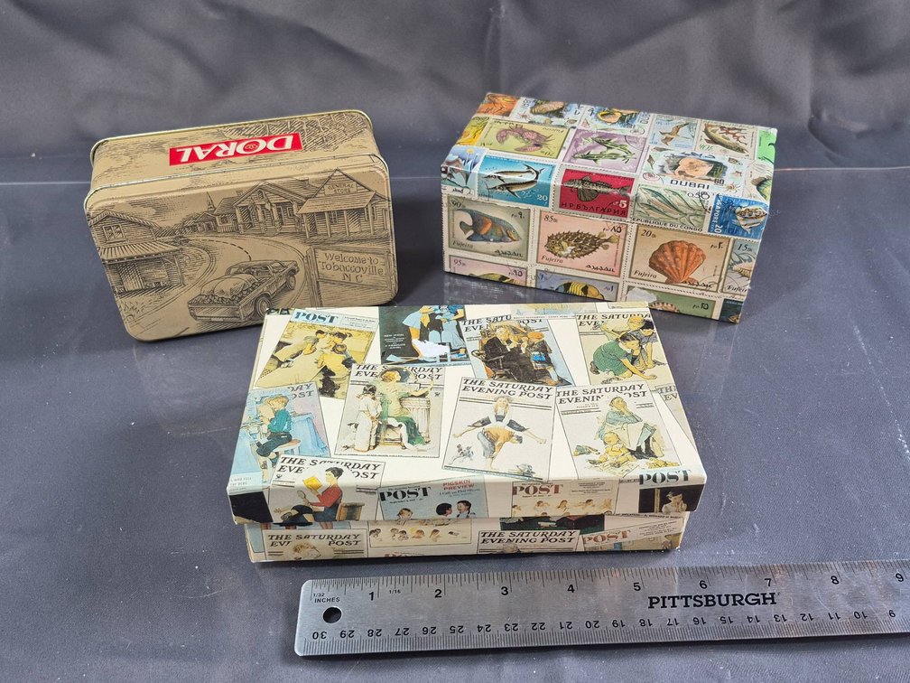 Three Decorative Boxes, Including Doral Tin and Decoupage Designs