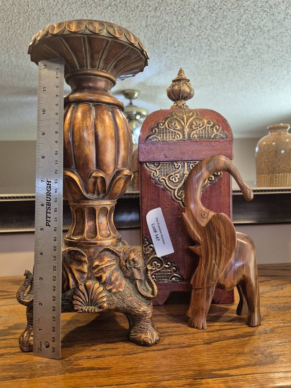 Decorative Bronze Candle Holder, Carved Wood Elephant, and Embellished Wooden Box