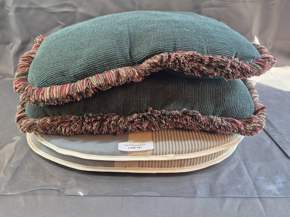 Cushions with Green Fabric and Fringe Trim