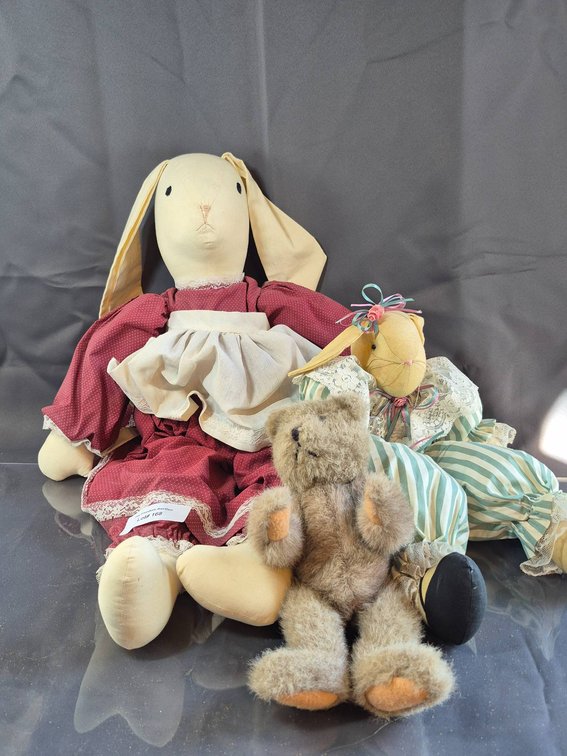 Handmade Bunny and Teddy Bear Dolls in Fabric Outfits