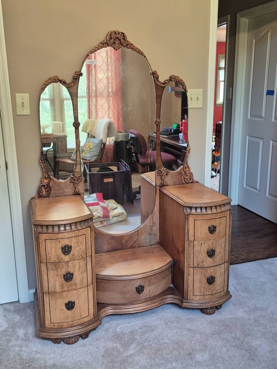 Carved Wooden Vanity with Triple Mirror and Drawers