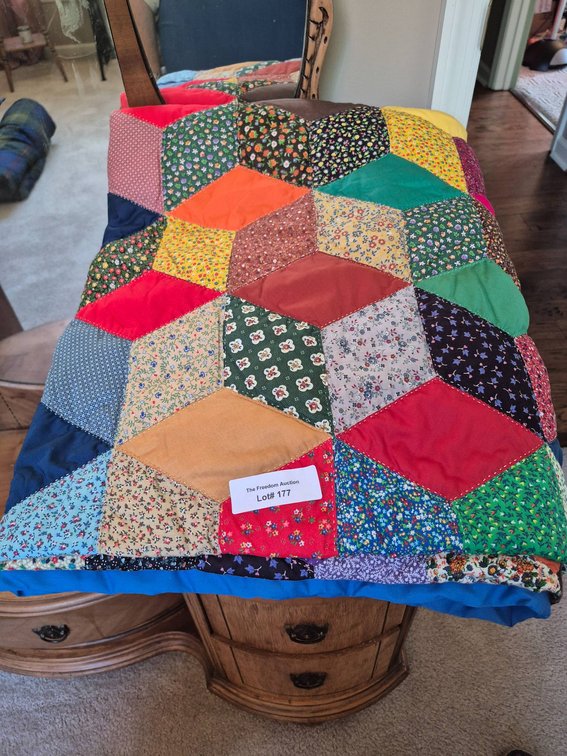 Handmade Patchwork Quilt With Hexagon Pattern and Solid Blue Edging