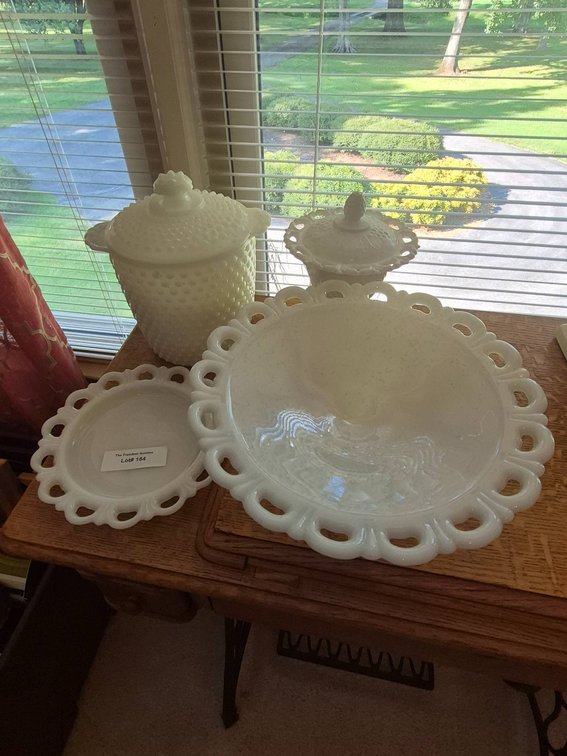 Milk Glass Hobnail and Lace Edge Serving Set with Covered Dishes