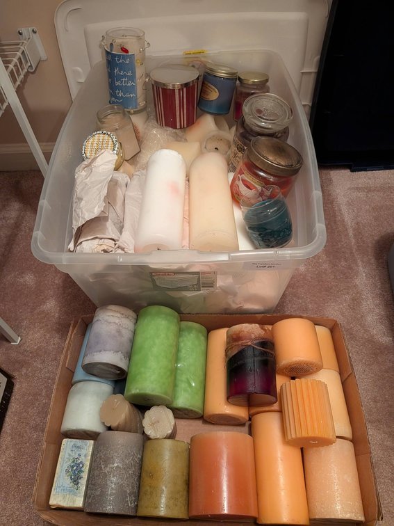 Candles in Storage Bin and Box