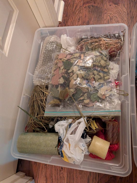 Craft Supplies Including Floral Items, Mesh Rolls, and Decorations