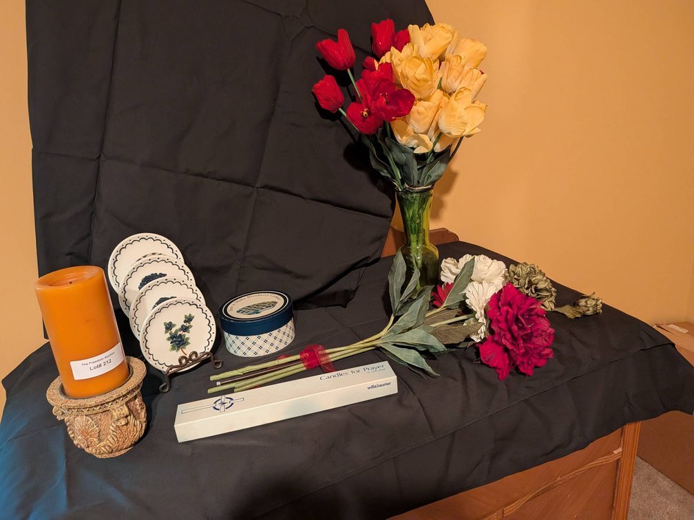 Decorative Lot Featuring Candle, Faux Flowers, and Ceramic Dish Set
