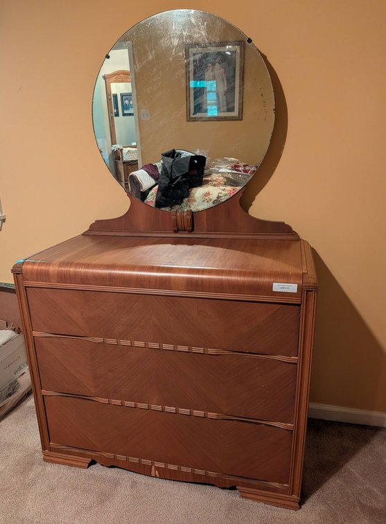 Art Deco Three-Drawer Dresser With Round Mirror