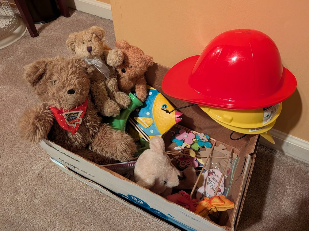 Box Lot of Assorted Teddy Bears, Toys, and Children's Items