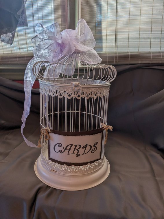 White Decorative Birdcage Card Holder with Ribbon Accent