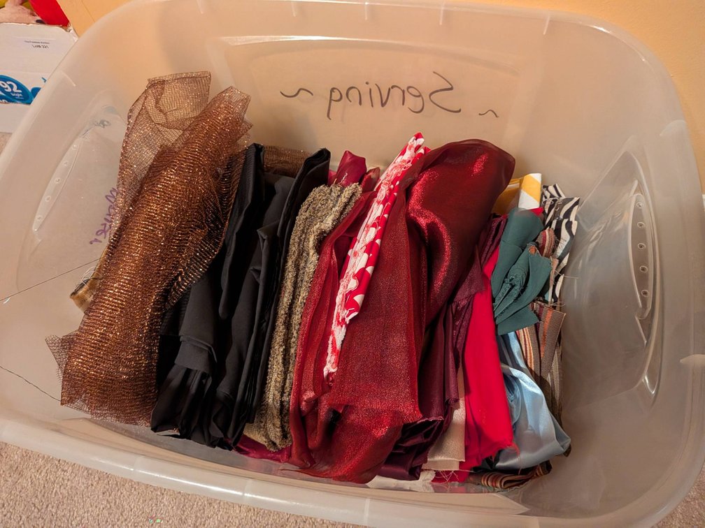 Large Plastic Bin of Sewing Fabrics and Materials