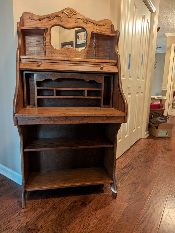 Ornate Wooden Secretary Desk with Shelves and Mirror