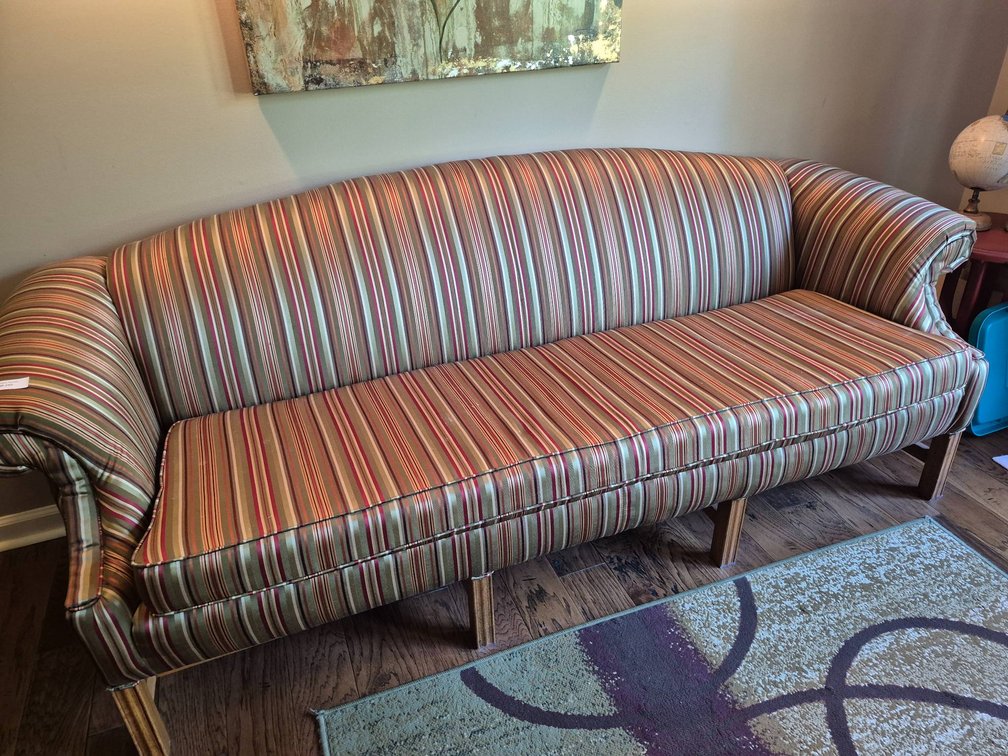 Upholstered Striped Sofa with Rolled Arms and Wood Frame