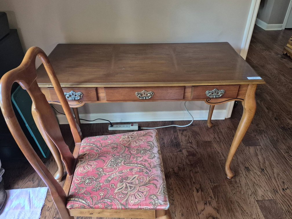 Wooden Writing Desk and Chair with Carved Designs and Upholstered Seat