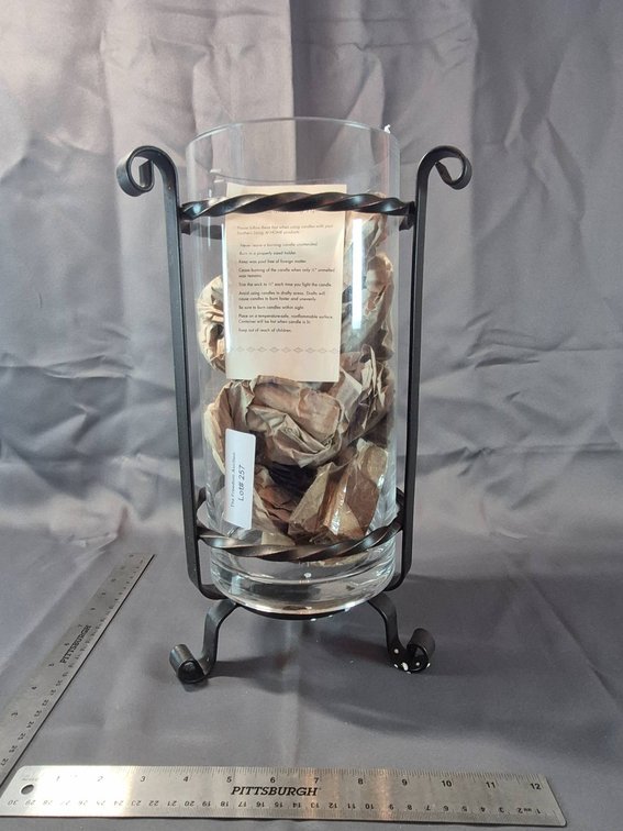 Glass Cylinder Vase With Wrought Iron Stand and Decorative Paper