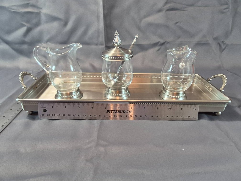 Silver-Plated Glass Condiment Set with Tray and Utensil